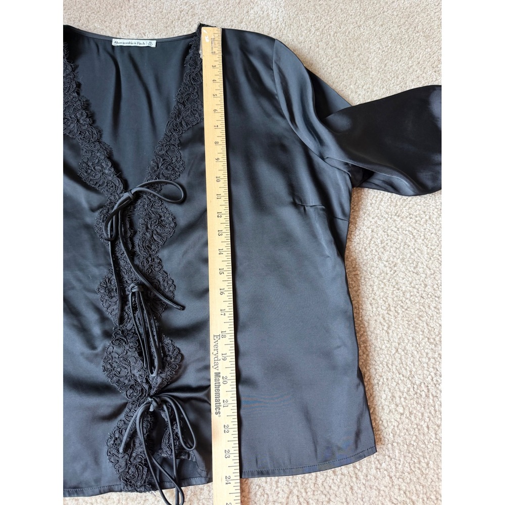 Abercrombie & Fitch Blouse Too Lace Tie Front Satin Long Sleeve Black XL - Picture 7 of 11